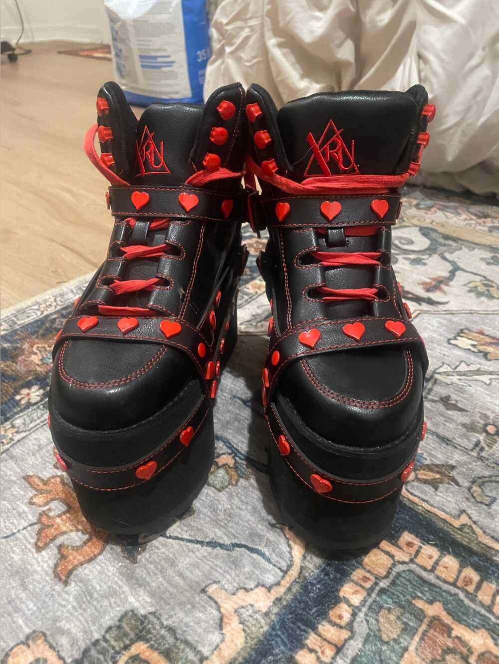 YRU Black Platform Boots with Red Heart Studs and Laces; Dune Alien
